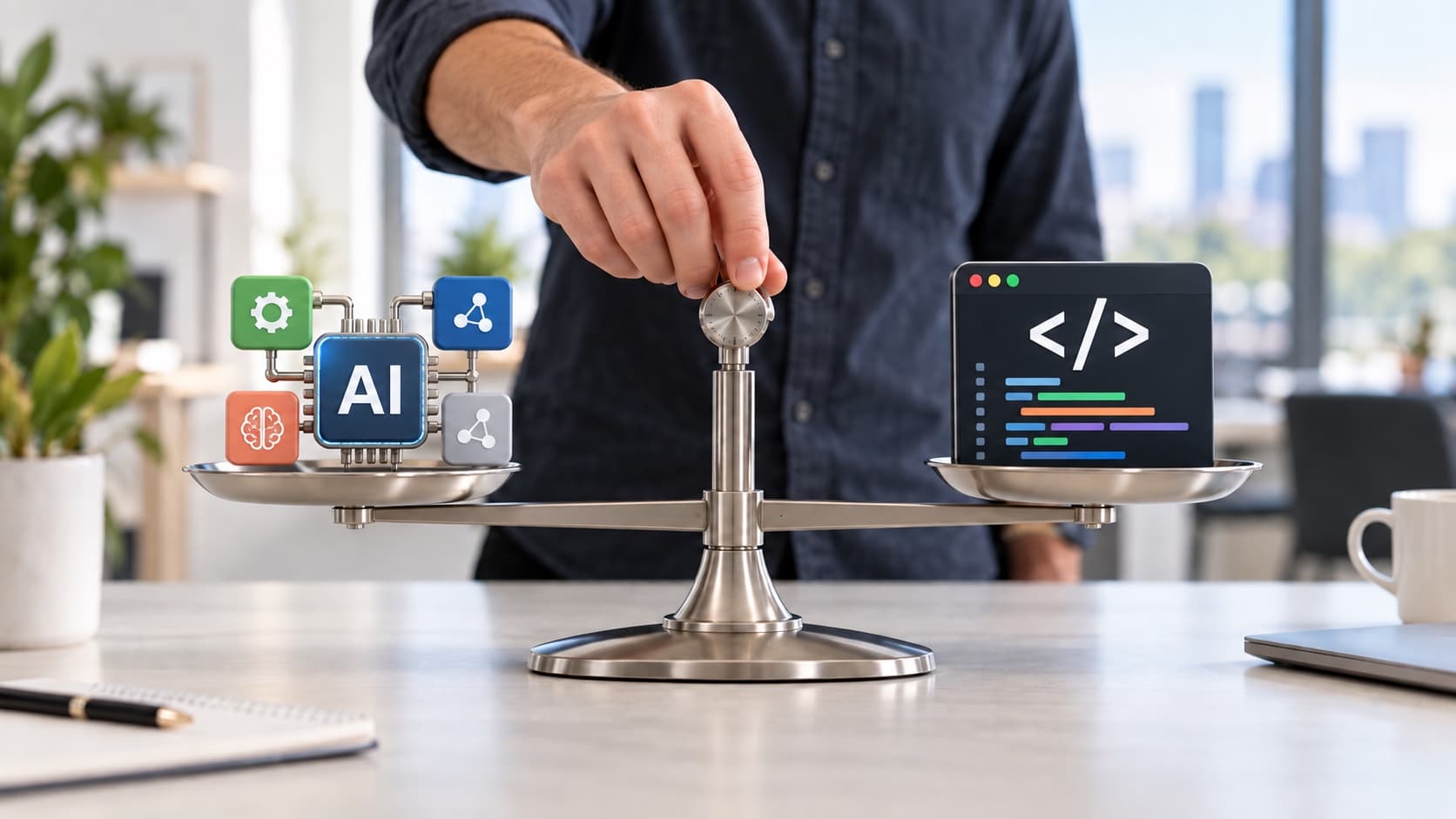 A balanced scale with an AI processor on one side and custom software code on the other.